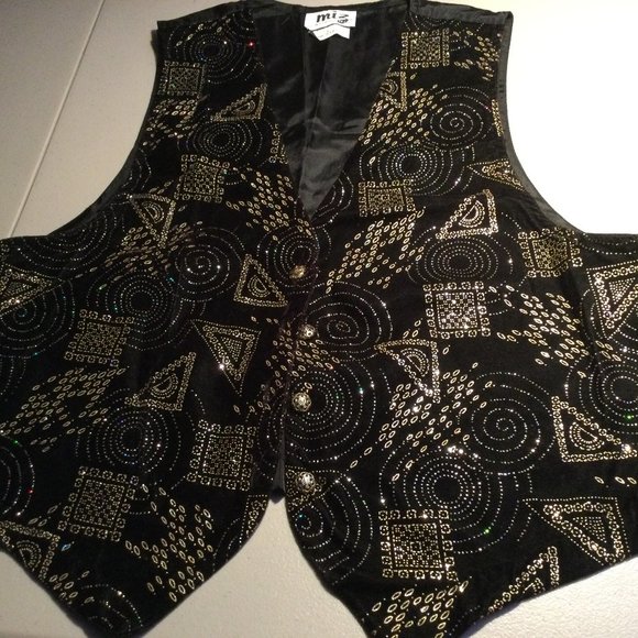 Miz California Ladies L Black Foil vest Button Down Geometric Patterns - Picture 1 of 9